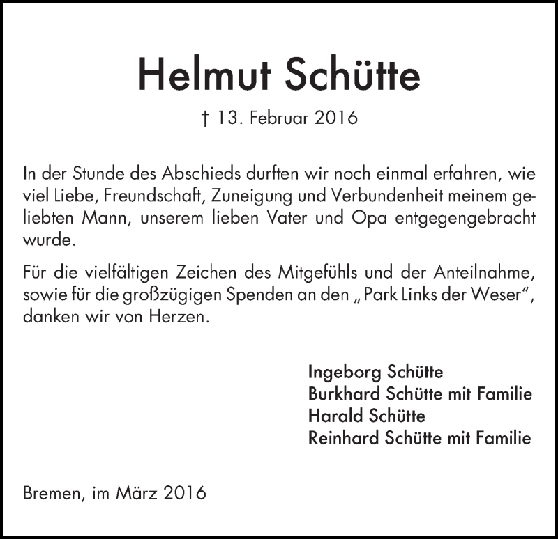 Traueranzeige von Helmut Schütte von WESER-KURIER
