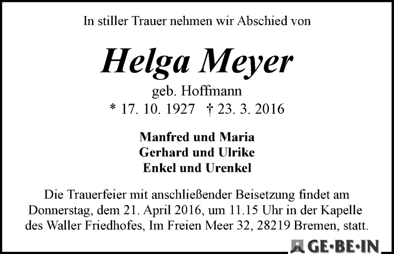 Traueranzeige von Helga Meyer von WESER-KURIER