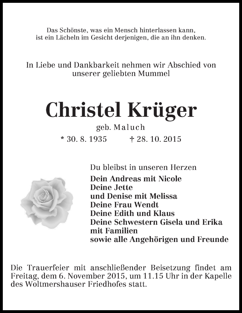 Traueranzeige von Christel Krüger von WESER-KURIER