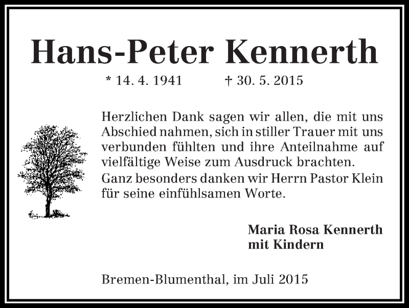 Traueranzeige von Hans-Peter Kennerth von Die Norddeutsche