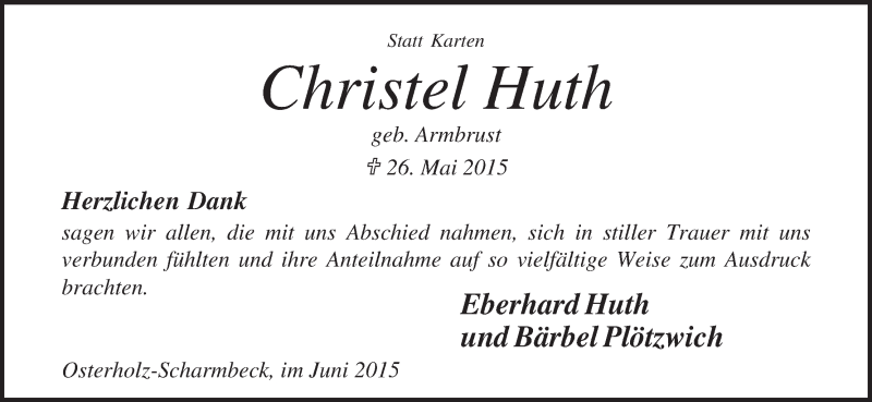 Traueranzeige von Christel Huth von Osterholzer Kreisblatt