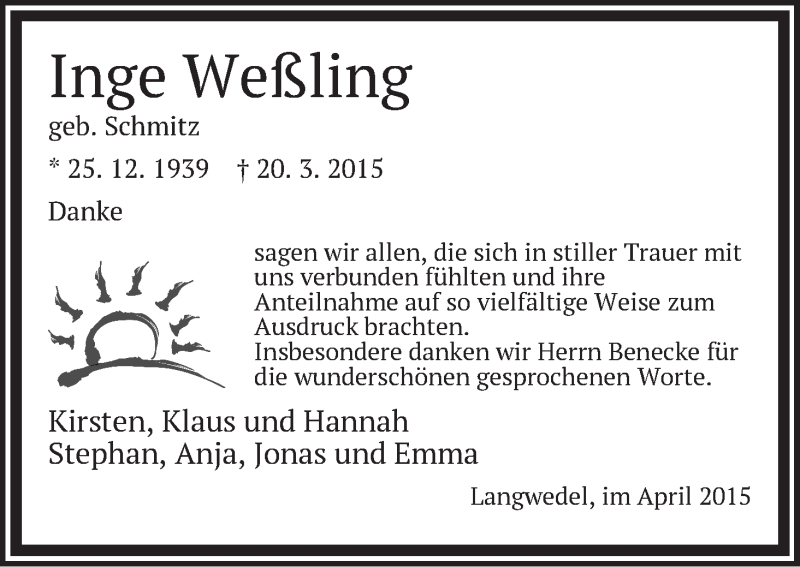 Traueranzeige von Inge Weßling von WESER-KURIER