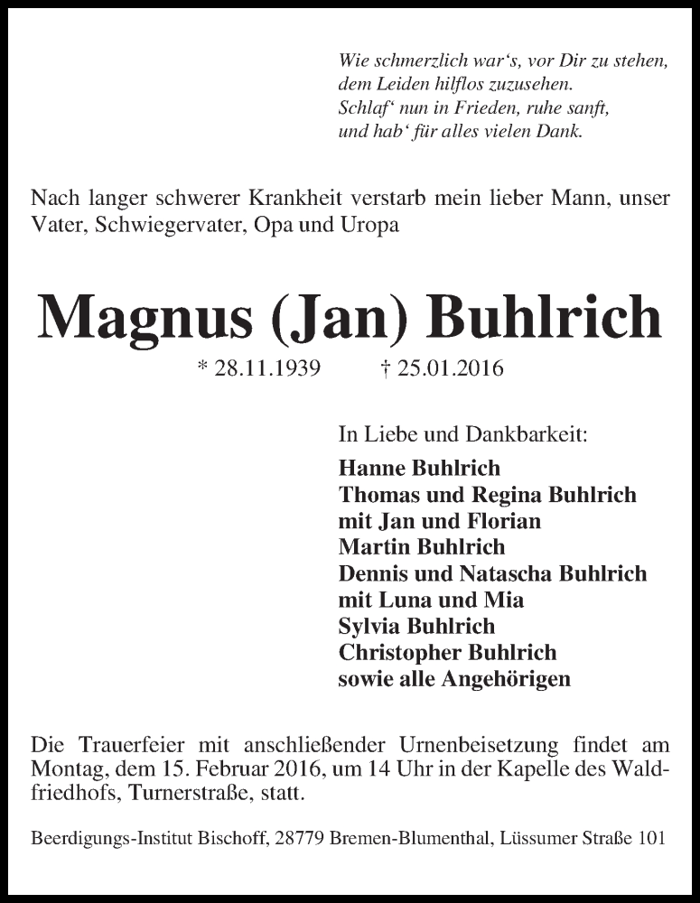 Traueranzeige von Magnus (Jan) Buhlrich von Die Norddeutsche