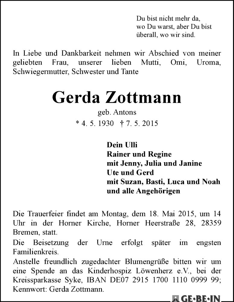 Traueranzeige von Gerda Zottmann von WESER-KURIER