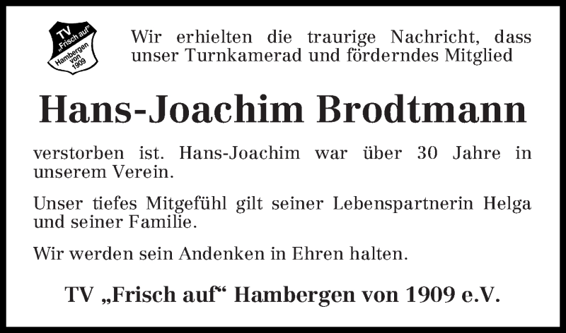 Traueranzeige von Hans-Joachim Brodtmann von Osterholzer Kreisblatt
