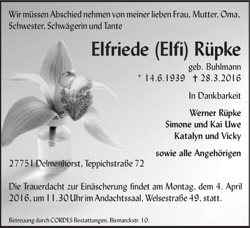 Traueranzeige von Elfriede (Elfi) Rüpke von WESER-KURIER