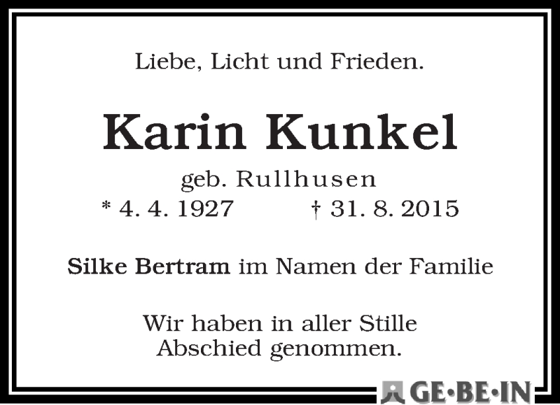 Traueranzeige von Karin Kunkel von WESER-KURIER