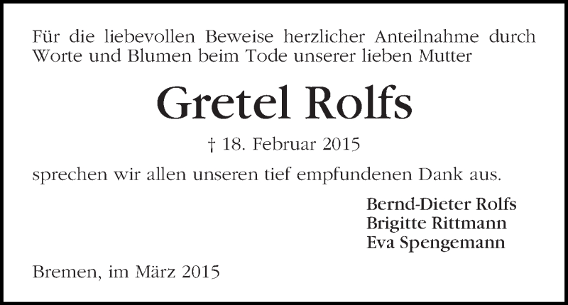 Traueranzeige von Gretel Rolfs von WESER-KURIER