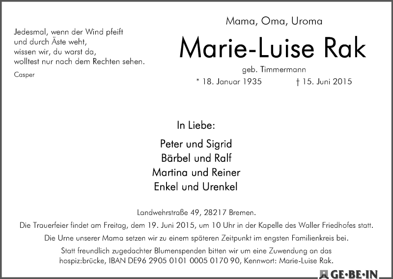 Traueranzeige von Marie-Luise Rak von WESER-KURIER