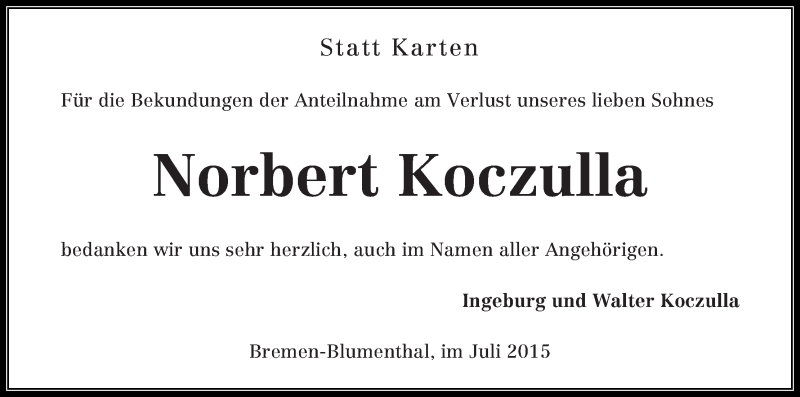 Traueranzeige von Norbert Koczulla von Die Norddeutsche