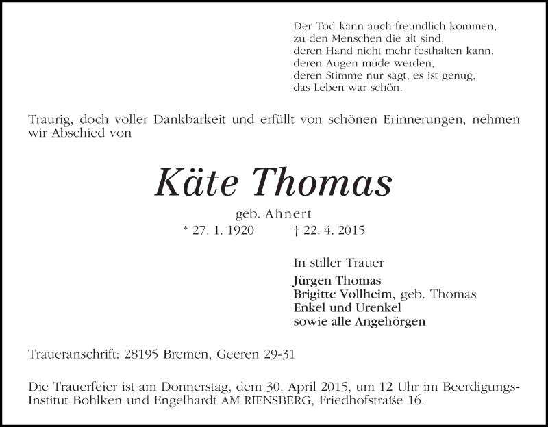 Traueranzeige von Käte Thomas von WESER-KURIER