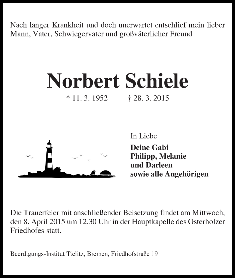 Traueranzeige von Norbert Schiele von WESER-KURIER