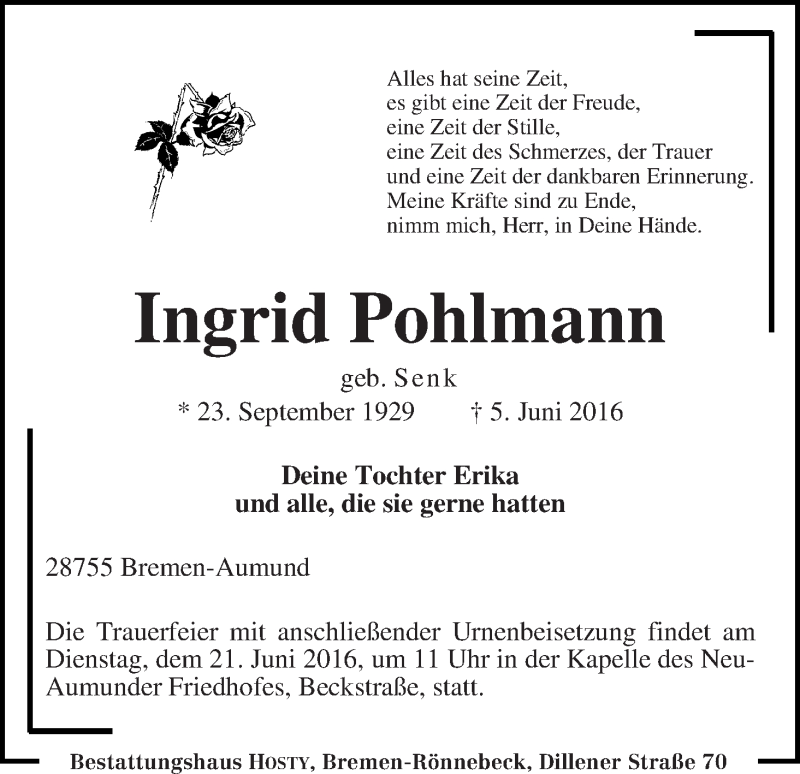Traueranzeige von Ingrid Pohlmann von Die Norddeutsche
