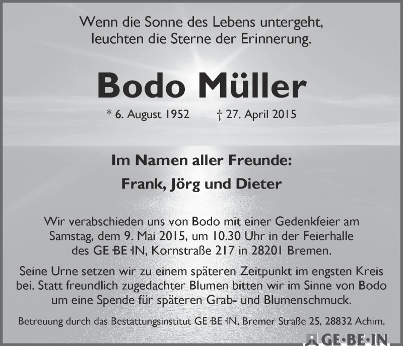 Traueranzeige von Bodo Müller von WESER-KURIER