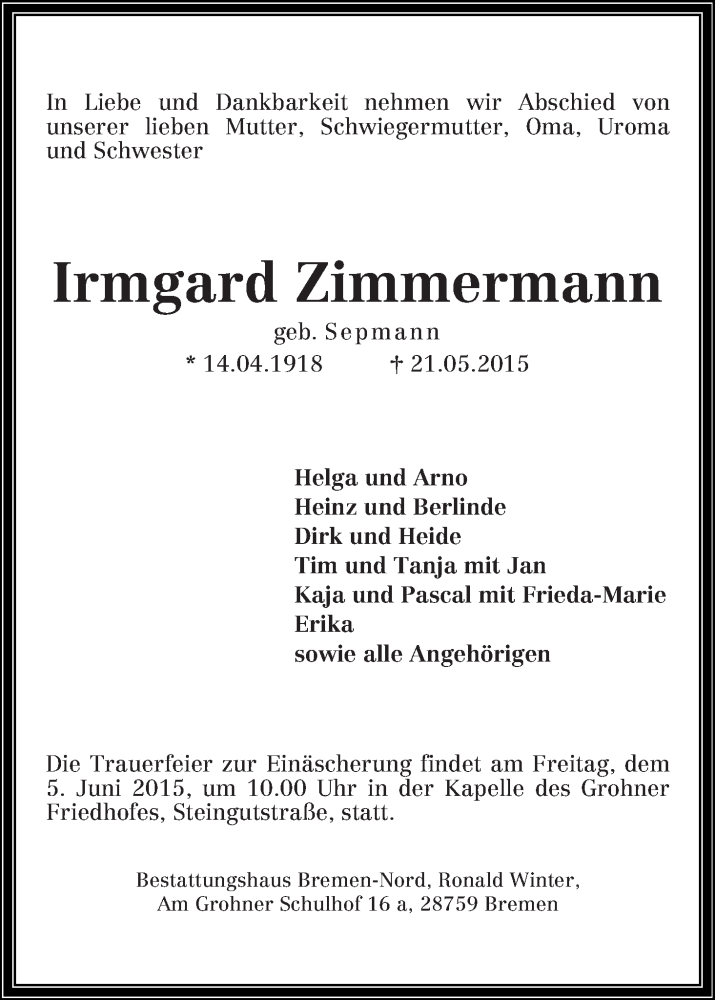Traueranzeige von Irmgard Zimmermann von Die Norddeutsche