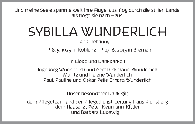 Traueranzeige von Sybilla Wunderlich von WESER-KURIER