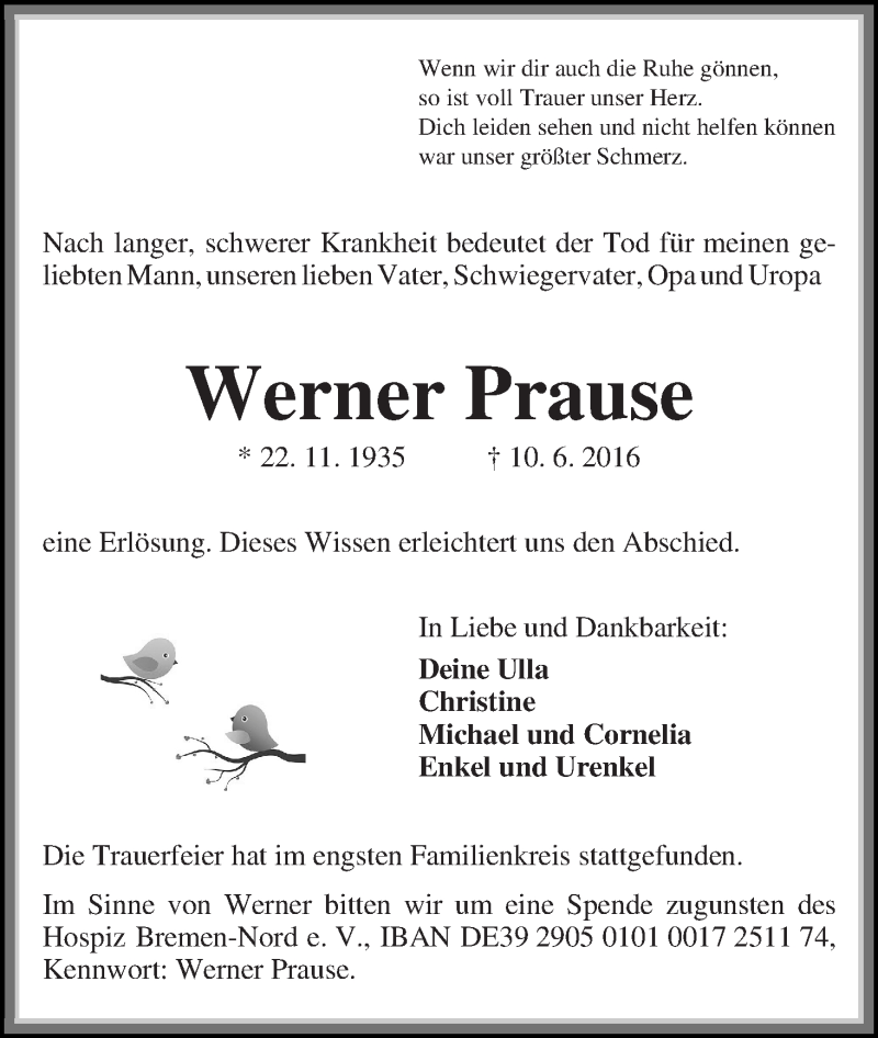 Traueranzeige von Werner Prause von WESER-KURIER