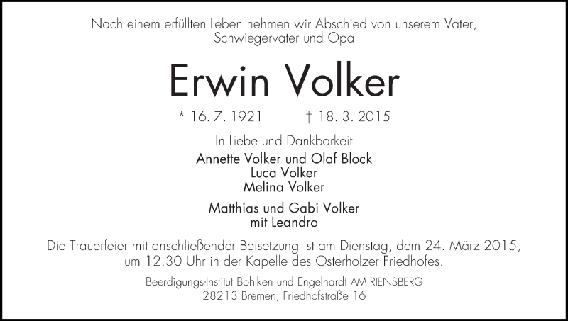 Traueranzeige von Erwin Volker von WESER-KURIER