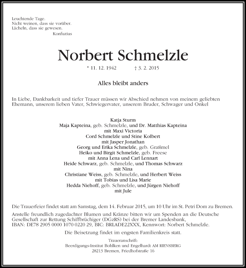 Traueranzeige von Norbert Schmelzle von WESER-KURIER