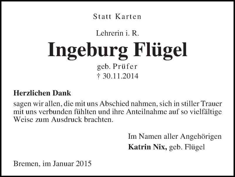 Traueranzeige von Ingeburg Flügel von WESER-KURIER