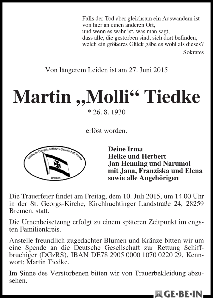 Traueranzeige von Martin Tiedke von WESER-KURIER