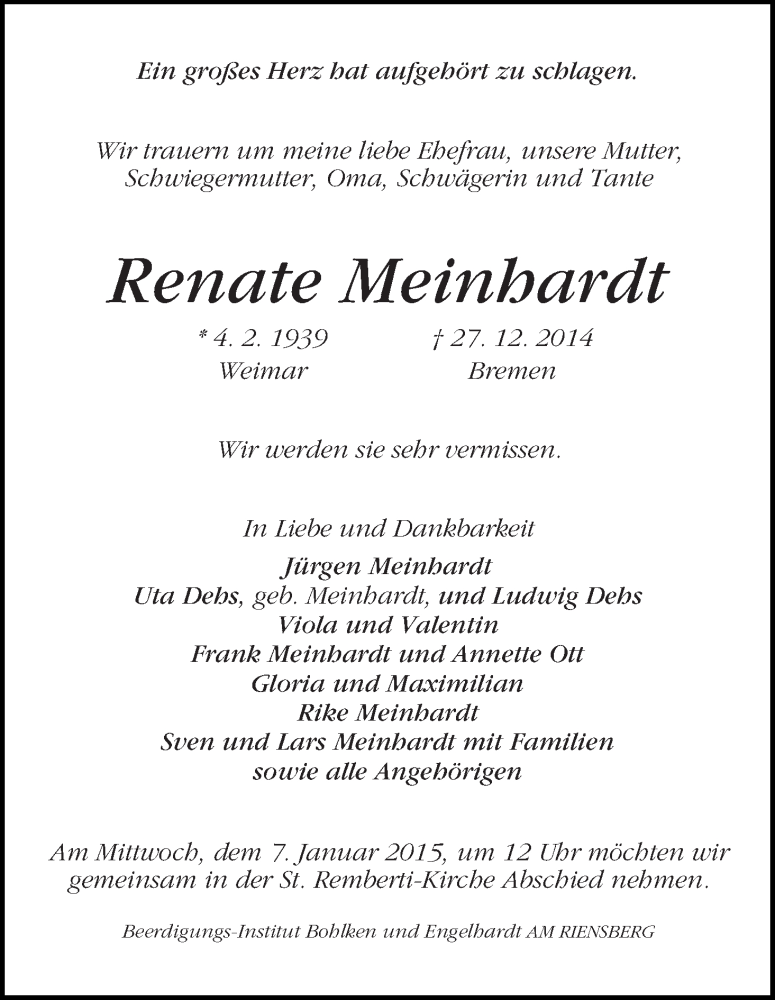 Traueranzeige von Renate Meinhardt von WESER-KURIER
