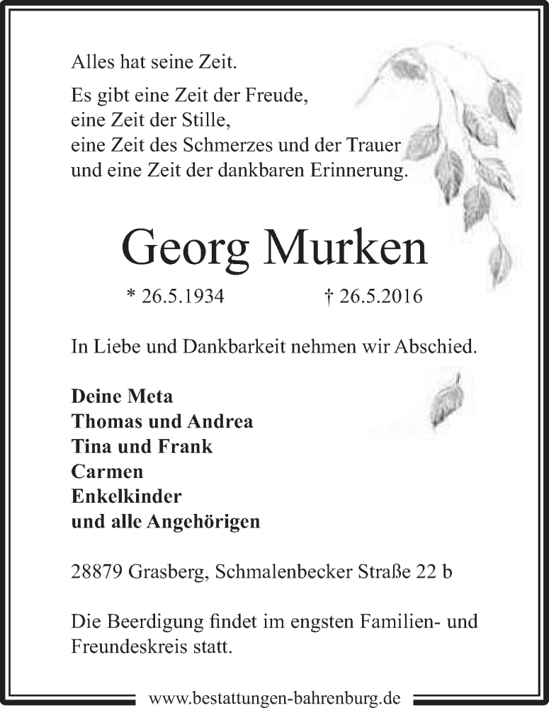 Traueranzeige von Georg Murken von Wuemme Zeitung