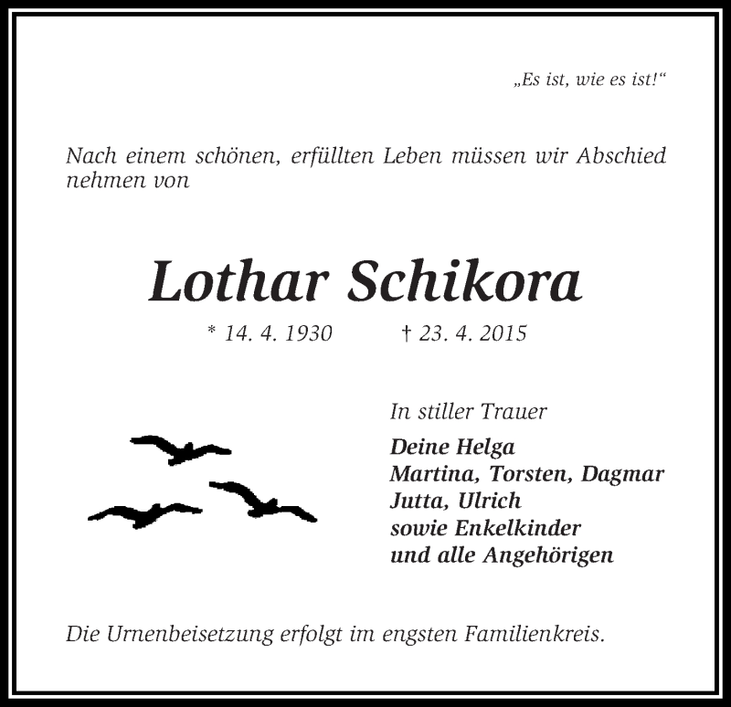 Traueranzeige von Lothar Schikora von WESER-KURIER