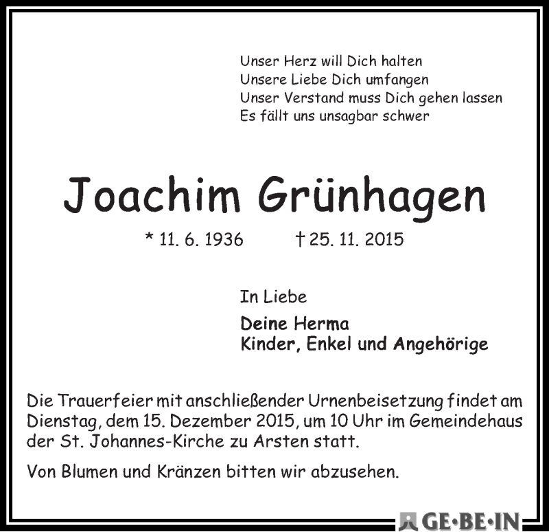 Traueranzeige von Joachim Grünhagen von WESER-KURIER