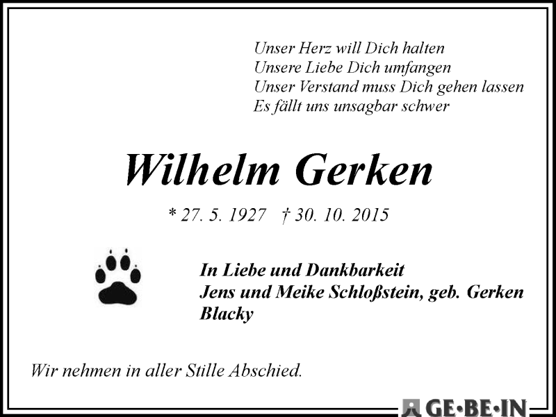 Traueranzeige von Wilhelm Gerken von WESER-KURIER