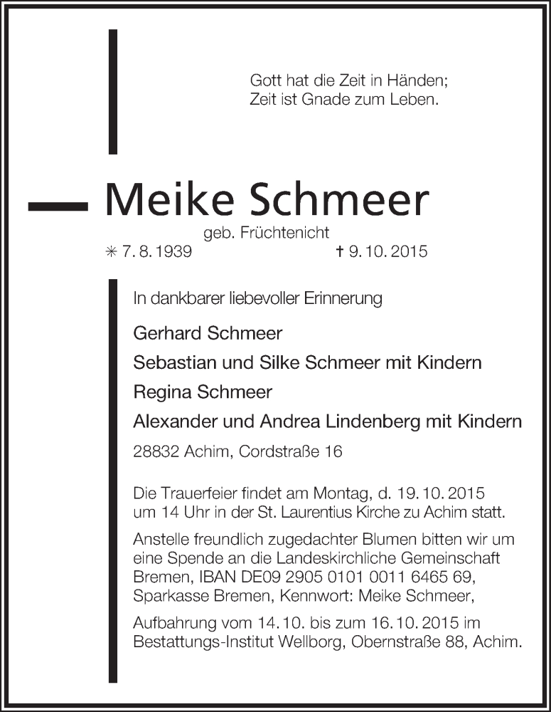 Traueranzeige von Meike Schmeer von WESER-KURIER