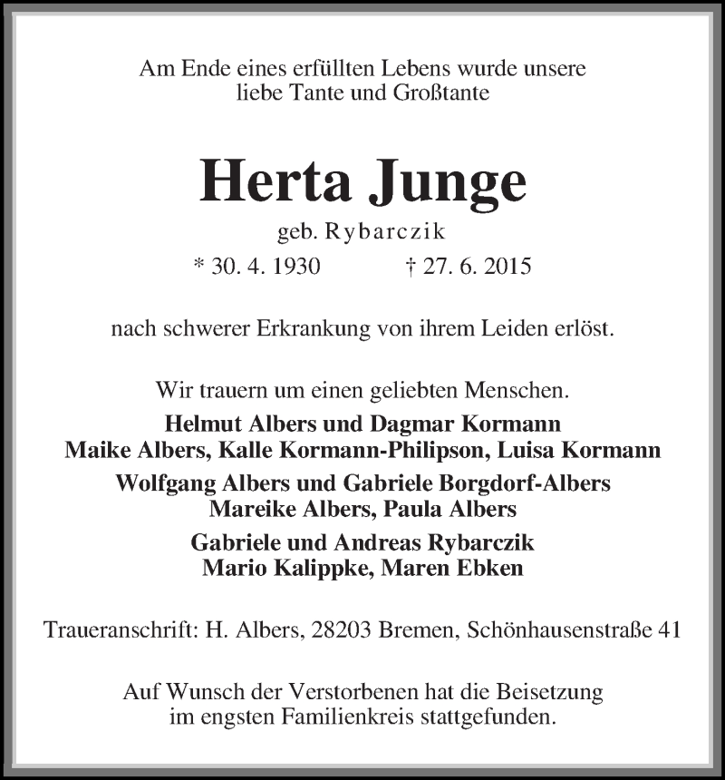 Traueranzeige von Herta Junge von Die Norddeutsche