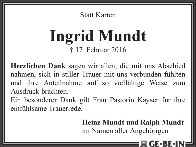 Traueranzeige von Ingrid Mundt von WESER-KURIER