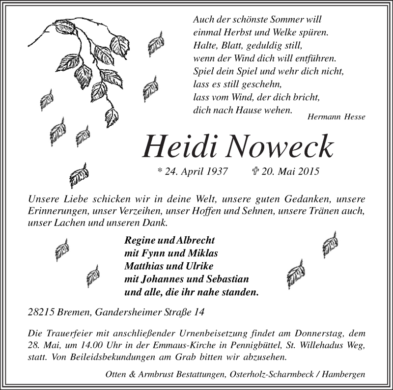Traueranzeige von Heidi Noweck von Osterholzer Kreisblatt