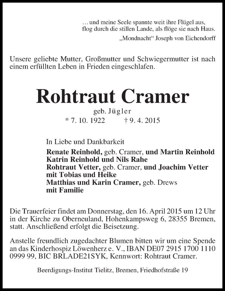 Traueranzeige von Rohtraut Cramer von WESER-KURIER