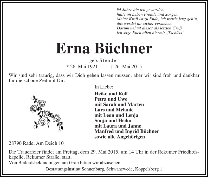 Traueranzeige von Erna Büchner von Die Norddeutsche