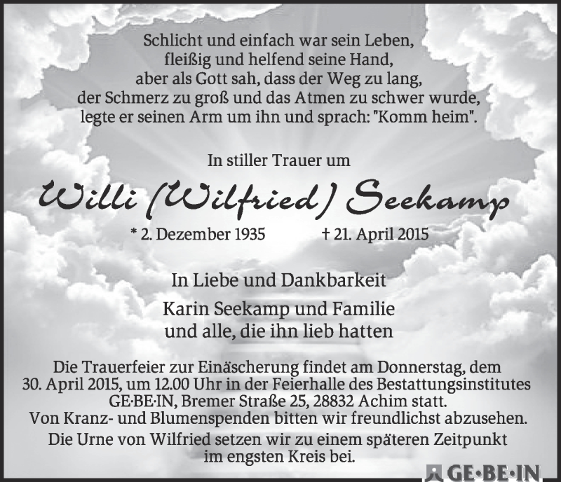 Traueranzeige von Wilfried Seekamp von Achimer Kurier/Verdener Nachrichten
