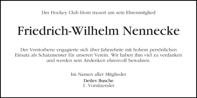 Traueranzeige von Friedrich-Wilhelm Nennecke von WESER-KURIER