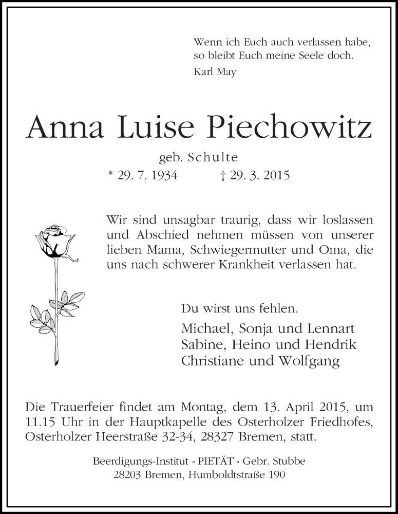 Traueranzeige von Anna Luise Piechowitz von WESER-KURIER