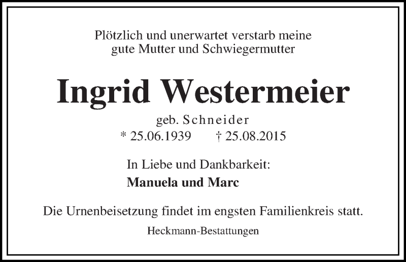 Traueranzeige von Ingrid Westermeier von Die Norddeutsche