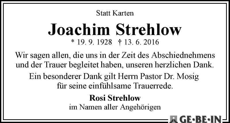 Traueranzeige von Joachim Strehlow von WESER-KURIER