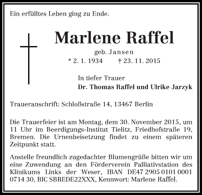 Traueranzeige von Marlene Raffel von WESER-KURIER
