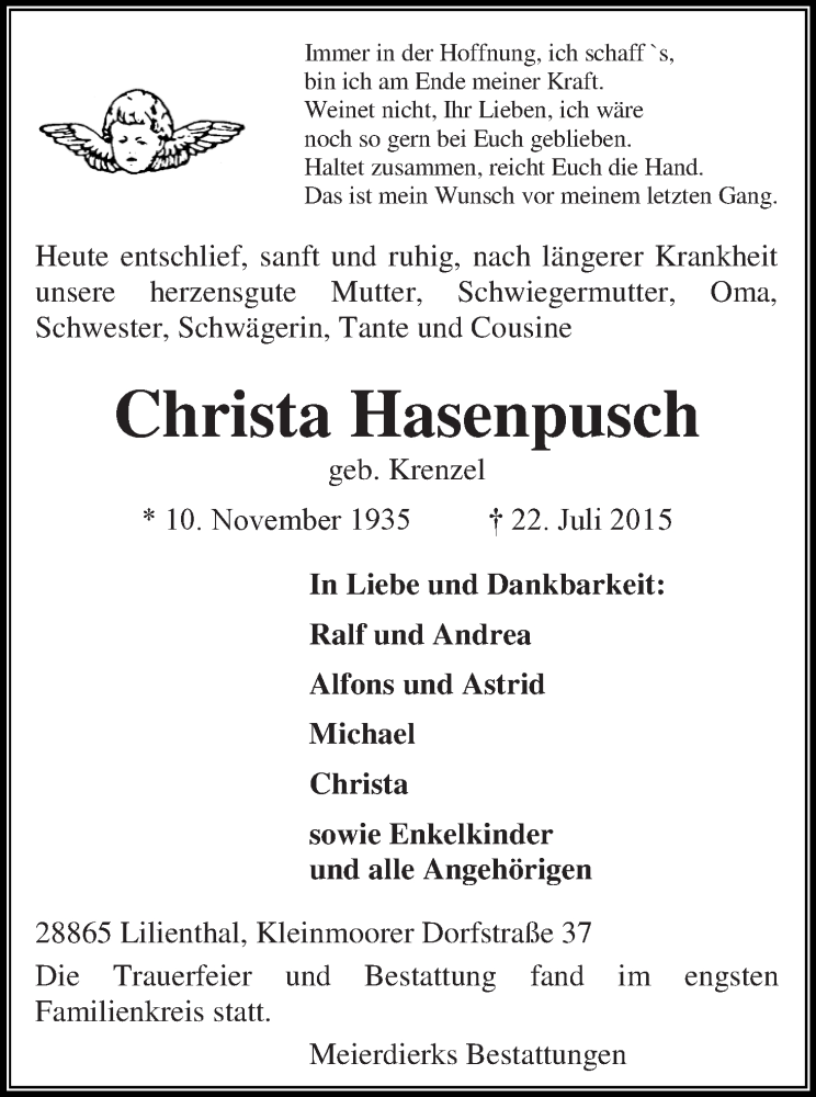 Traueranzeige von Christa Hasenpusch von Wuemme Zeitung
