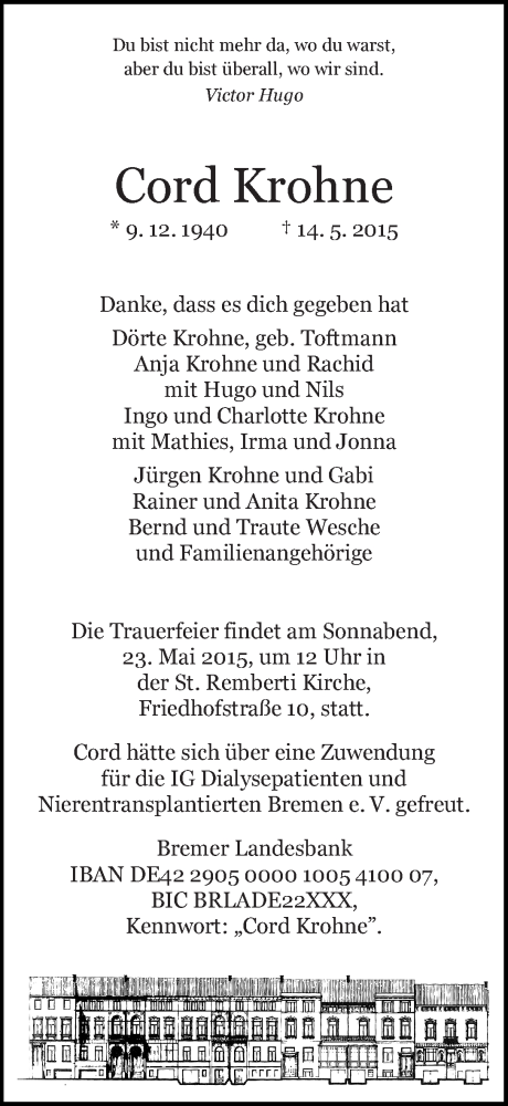 Traueranzeige von Cord Krohne von WESER-KURIER