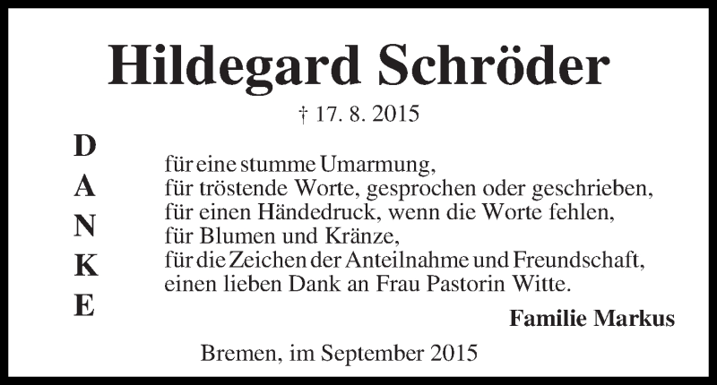 Traueranzeige von Hildegard Schröder von WESER-KURIER