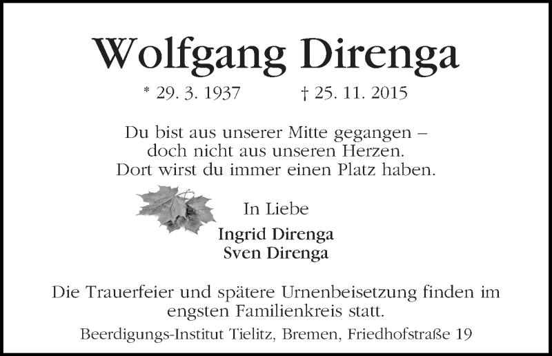 Traueranzeige von Wolfgang Direnga von WESER-KURIER