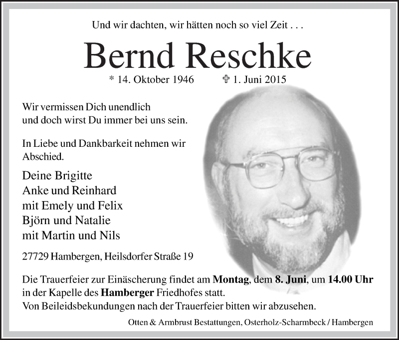 Traueranzeige von Bernd Reschke von Osterholzer Kreisblatt