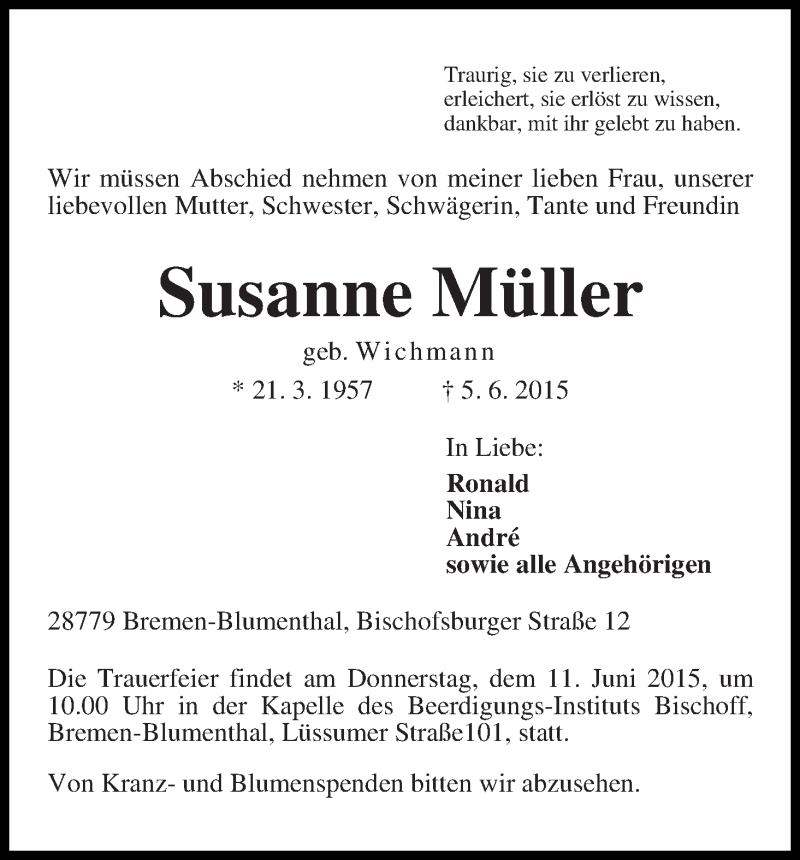 Traueranzeige von Susanne Müller von Die Norddeutsche