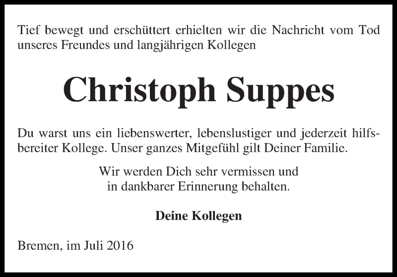 Traueranzeige von Christoph Suppes von WESER-KURIER