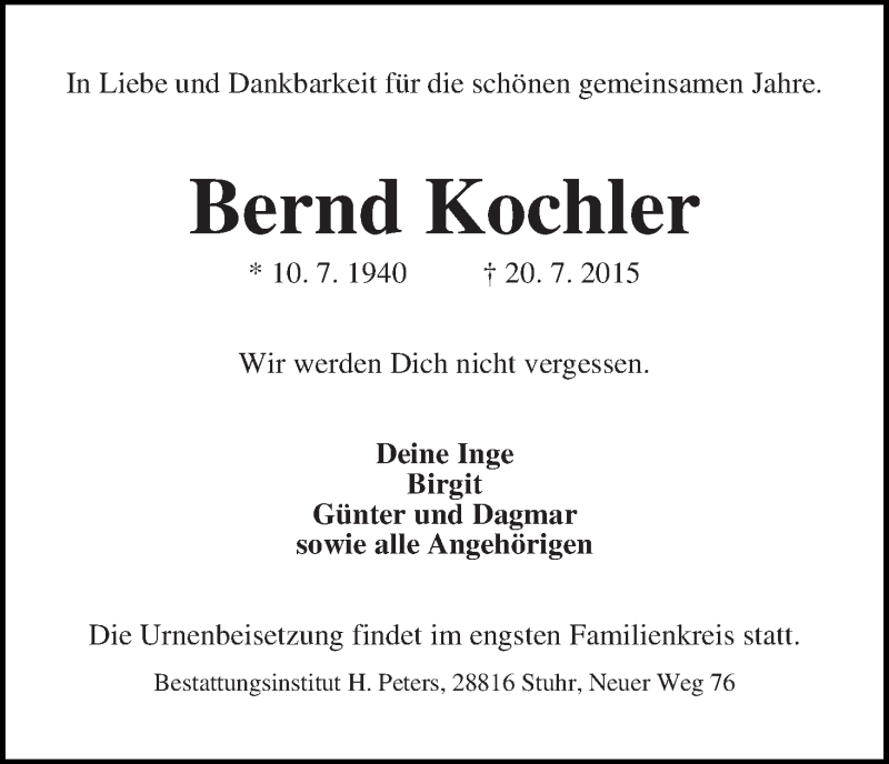 Traueranzeige von Bernd Kochler von WESER-KURIER